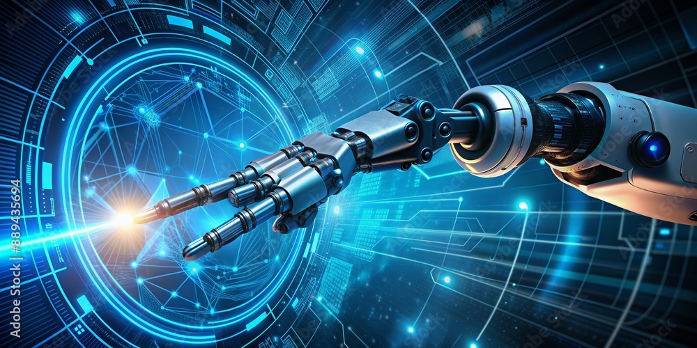 Poster futuristic robot arm with glowing blue circuits operates on digital grid background, epitomizing sea