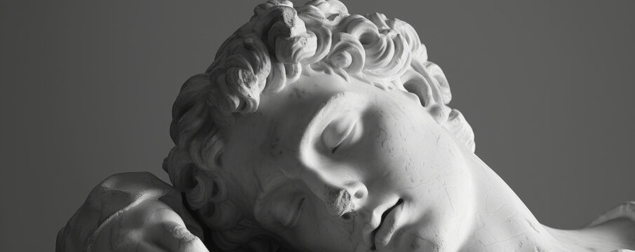Monochrome sculpture of Hypnos, the Greek god, with a peaceful and calming expression, representing the essence of sleep.