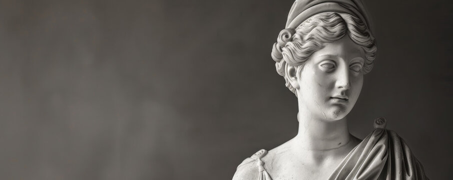 Monochrome sculpture of Hestia, the Greek goddess, with a warm and serene expression, emphasizing her role as the hearthkeeper.