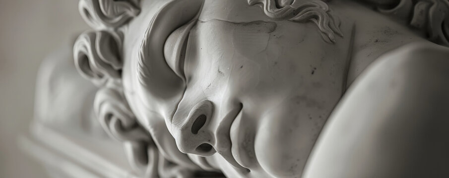 Monochrome sculpture of Hypnos, the Greek god, with a peaceful and calming expression, representing the essence of sleep.