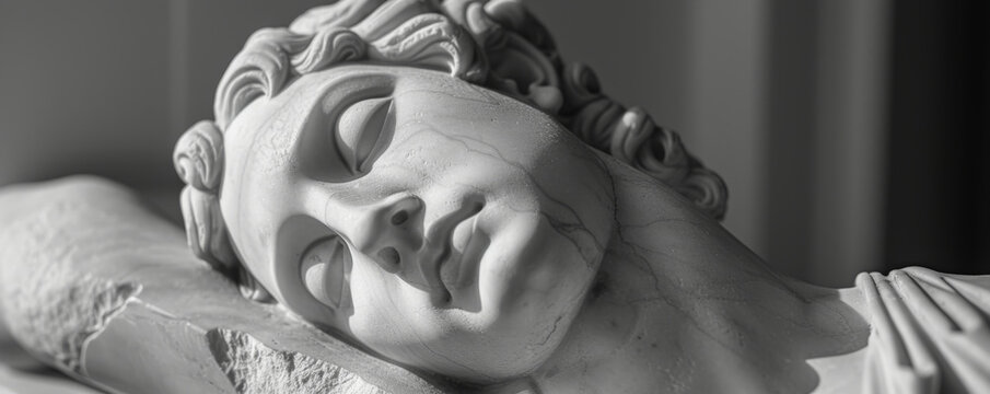 Monochrome sculpture of Hypnos, the Greek god, with a peaceful and calming expression, representing the essence of sleep.