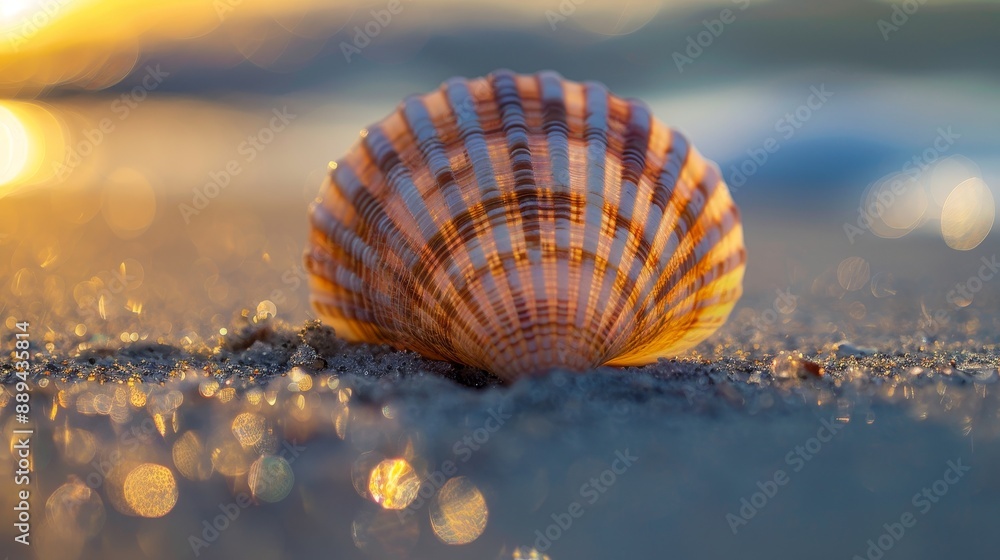 Poster macro shot of a seashell on the beach.
