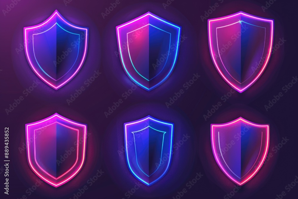 Poster A close-up shot of a set of neon shields on a dark background, perfect for highlighting and emphasizing visual elements