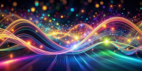 Obraz premium Vibrant neon wave lines undulate across a dark abstract background, surrounded by swirling bokeh lights, evoking a futuristic atmosphere of rapid data transmission and digital connection.