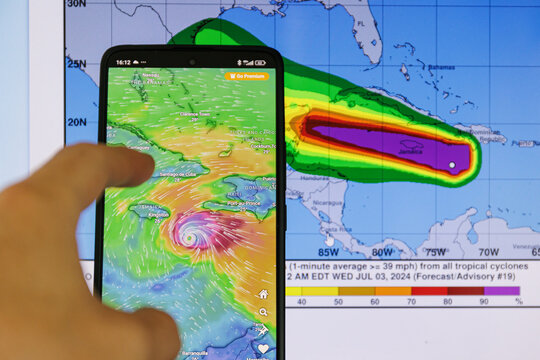 Hurricane Beryl hit Caribbean islands. Beryl storm displayed on Windy app