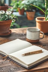 A book is open on a wooden table with a cup of tea next to it. The book is a journal and the tea is a hot beverage. Concept of relaxation and contemplation