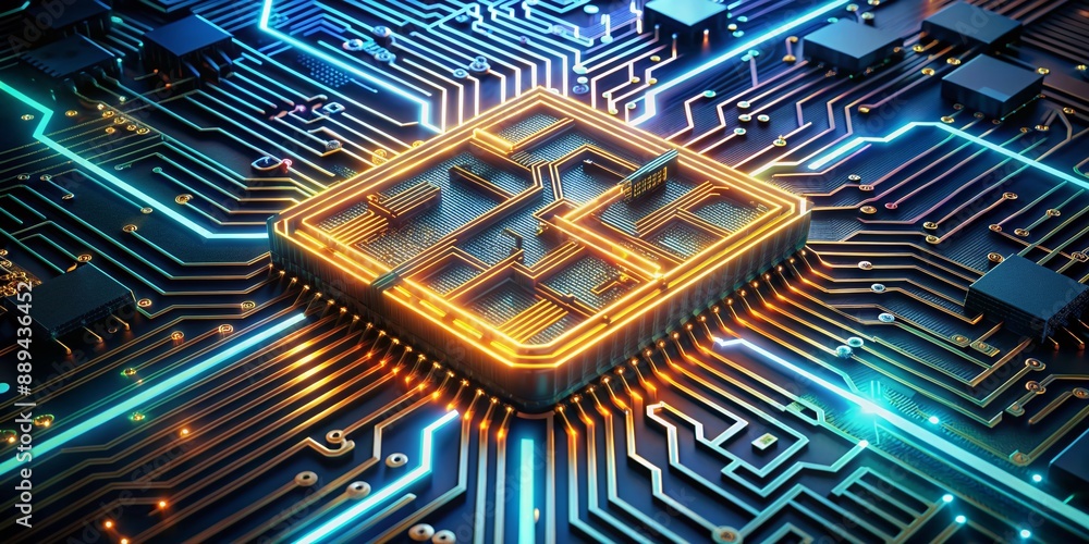 Poster futuristic 3d ai font embedded on a microscopic circuit board amidst glowing neon lines, surrounded 