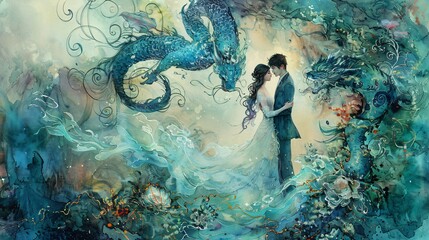 Enchanted Love Whimsical Watercolor Fantasy of Bride and Groom with Magical Settings and Mythical Creatures