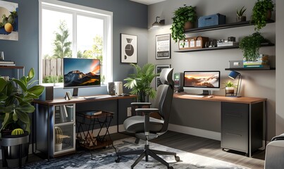 Fototapeta premium Modern Home Office Workspace with Desk and Computer