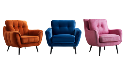 A set of three upholstered chairs in pink, orange, and ash blue on a white background.