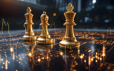 Strategic Business Concepts Illustrated with Chess Pieces and Stock Market Graphs