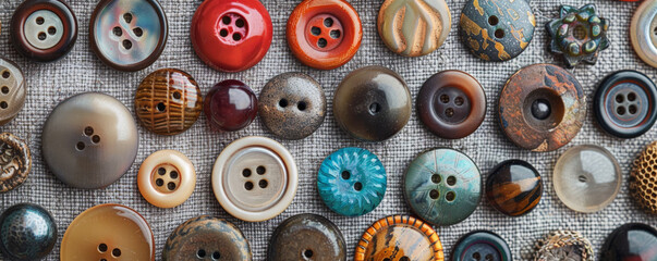 Overhead top down view of a collection of different types of buttons arranged on a fabric surface. The assortment includes various colors, sizes, and designs, each button highlighting its unique