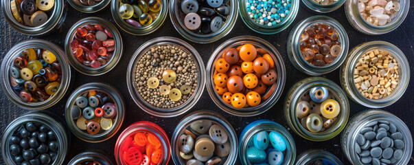 Overhead top down view of a collection of different types of buttons displayed in a glass jar. The assortment includes various colors, sizes, and designs, each button highlighting its unique