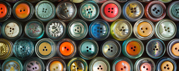 Fototapeta premium Overhead top down view of a collection of different types of buttons displayed in a glass jar. The assortment includes various colors, sizes, and designs, each button highlighting its unique