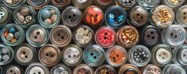 Overhead top down view of a collection of different types of buttons displayed in a glass jar. The assortment includes various colors, sizes, and designs, each button highlighting its unique