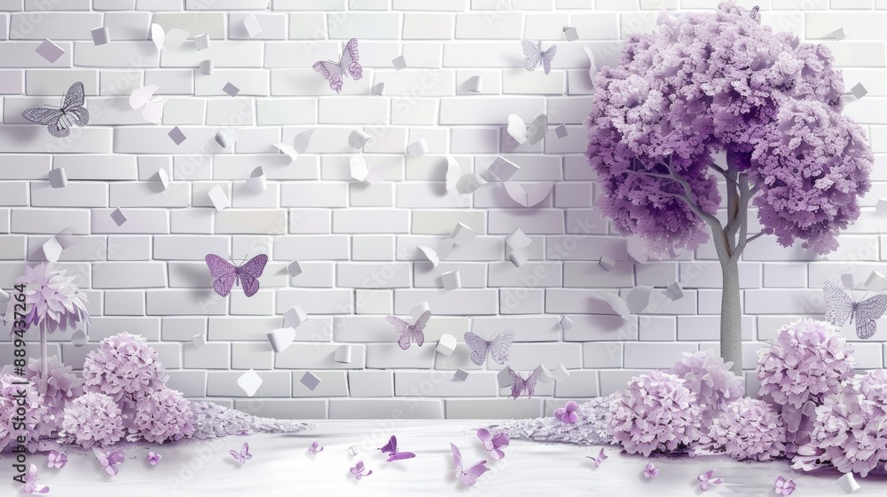 Wall mural branches, flowers, butterflies with brick background on 3d wallpaper