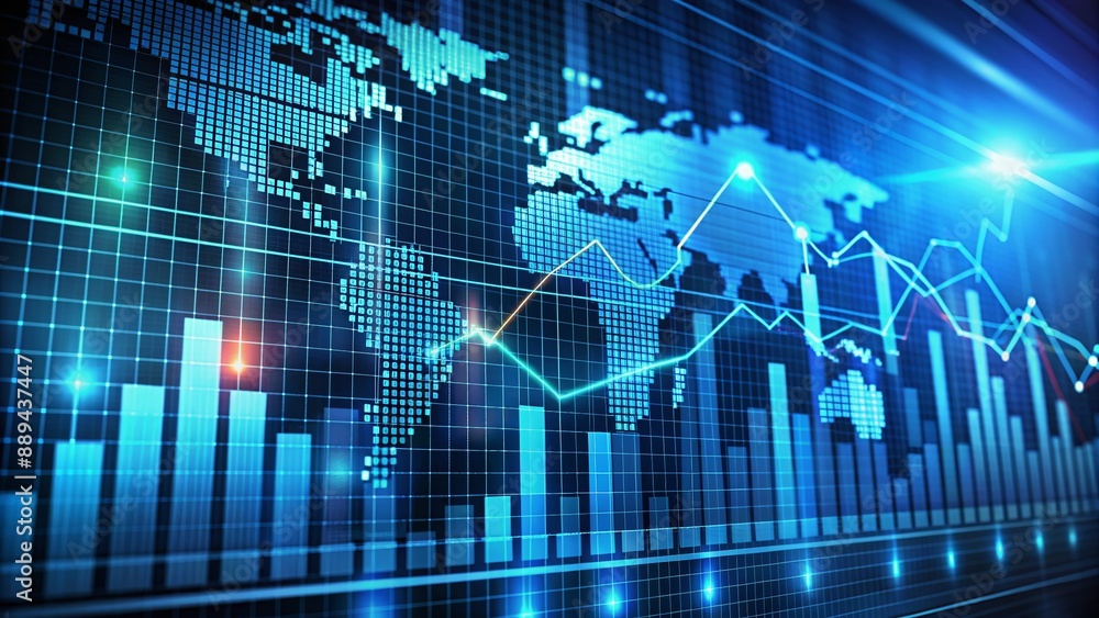 Poster a futuristic digital stock market chart with scrolling numbers and graphs is displayed on a sleek sc