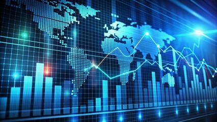 A futuristic digital stock market chart with scrolling numbers and graphs is displayed on a sleek screen against a blue and black background.