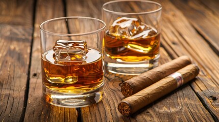 Two glasses of whiskey and a cigar on a wooden table. Concept Whiskey, Cigar, Wooden Table, with copy space