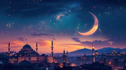 Obraz premium Majestic Masjid Dome under Night Sky with Crescent Moon and Stars - Islamic Ramadan and Hajj Background