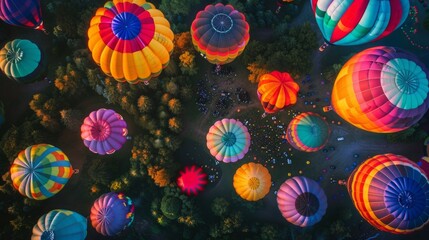 Sky's Canvas: Aerial View of Vibrant Hot Air Balloons Ascending at a Festival with Room for Copy.