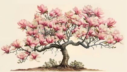 A magnolia tree, large blossoms, vintage illustration, isolated on white background