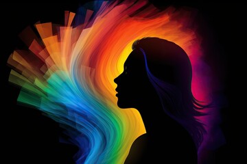 Silhouette of woman with colorful light, smoke effects emanating from her head