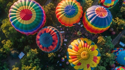 Sky's Canvas: Aerial View of Vibrant Hot Air Balloons Ascending at a Festival with Room for Copy.