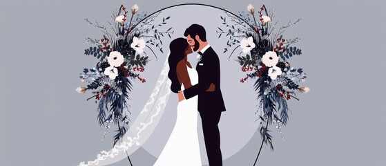Minimalist Bride and Groom Illustration Under Floral Arch on Wedding Day