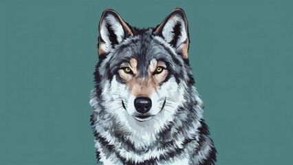 Fototapeta premium A wolf is shown in a painting on the green background, AI