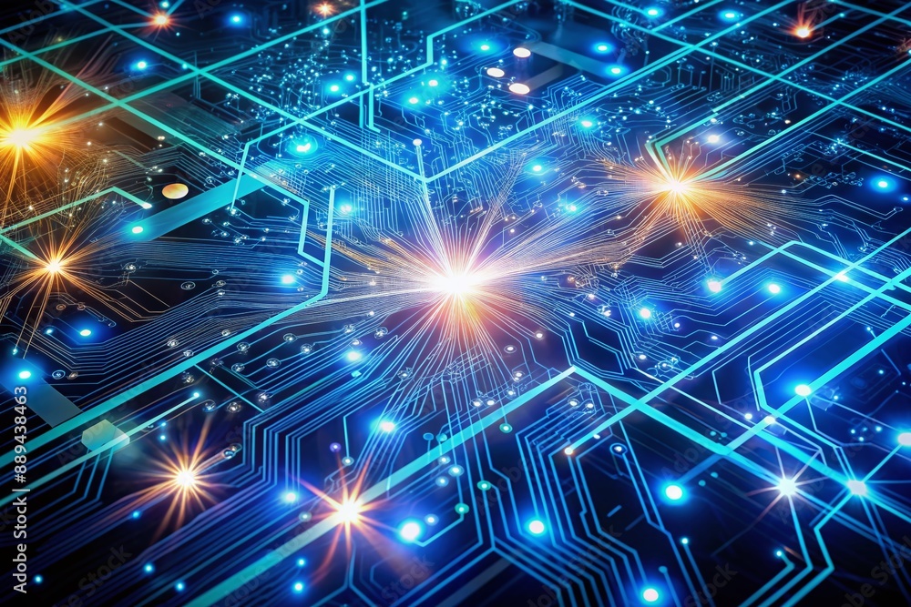 Aufkleber vibrant glowing circuit boards with sparkling blue light trails, interconnected nodes, and swirls of