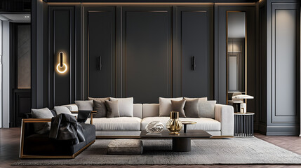 Elegant Living Room Interior with Classic Wall Molding and Modern Furniture