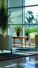 Modern Office Lounge with Lush Greenery and Natural Light
