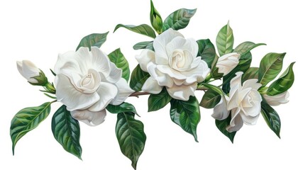 A gardenia bush, white blossoms, realistic painting, isolated on white background
