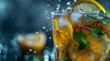 Close-up of a Refreshing Iced Tea with Lemon and Mint