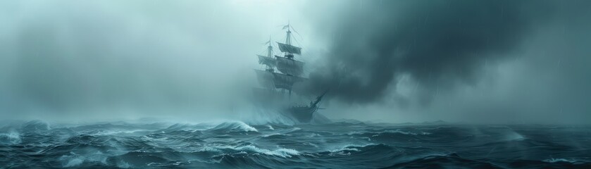 A dark and stormy sea with a ghostly ship, crashing waves, and eerie fog