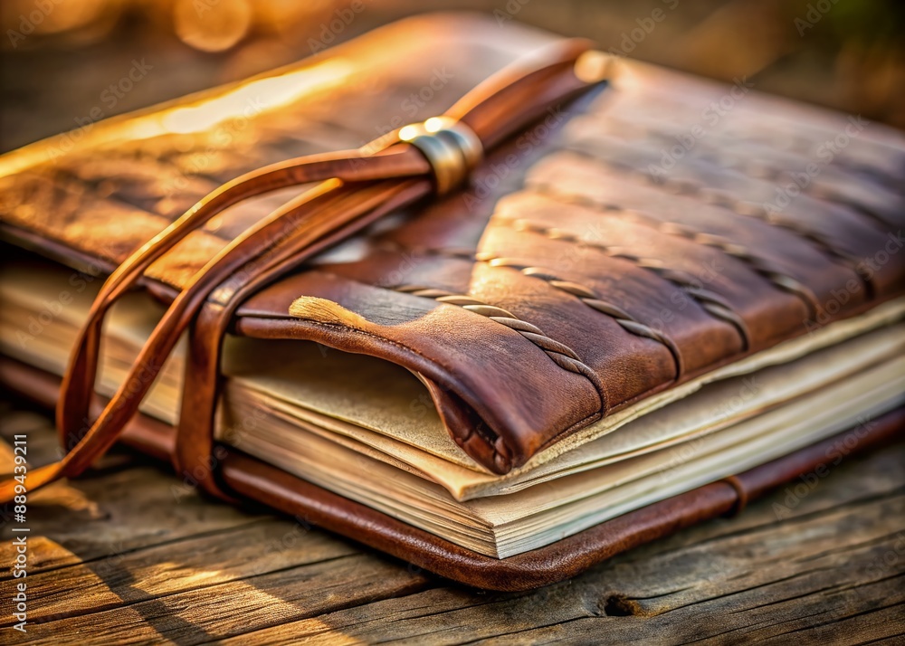 Poster intimate close-up of handwritten notes in a worn leather-bound notebook, set against a softly blurre