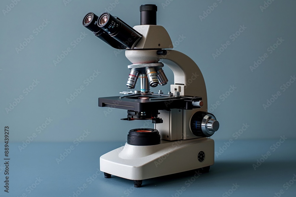 Poster microscope with a slide clean flat background bright studio lighting highlighting the precision and 