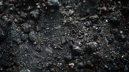 Close-up of dark soil with scattered debris and texture.