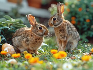 Obraz premium Joyful Easter Celebration: Family Playtime with Pet Rabbit Surrounded by Colorful Eggs in Backyard Fun