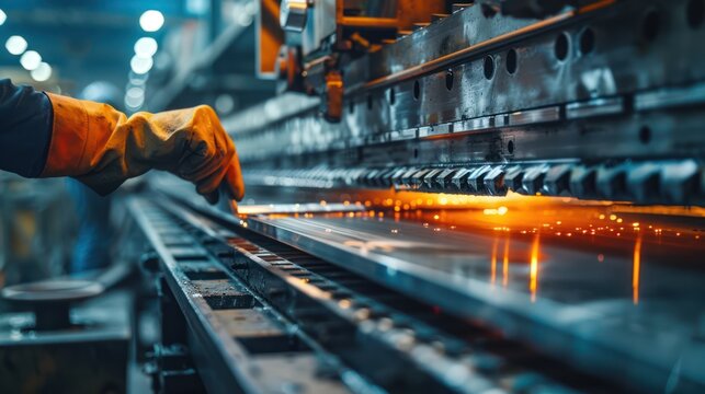 Flat Sheet Hydraulic Metal Bending Machine A worker is bending metal sheets on a hydraulic machine.