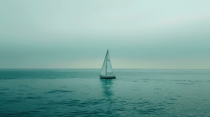 Fototapeta premium A sailboat in the middle of a blue ocean with a turquoise sea, white clouds, and a calm water surface, vacation concept peaceful atmosphere.