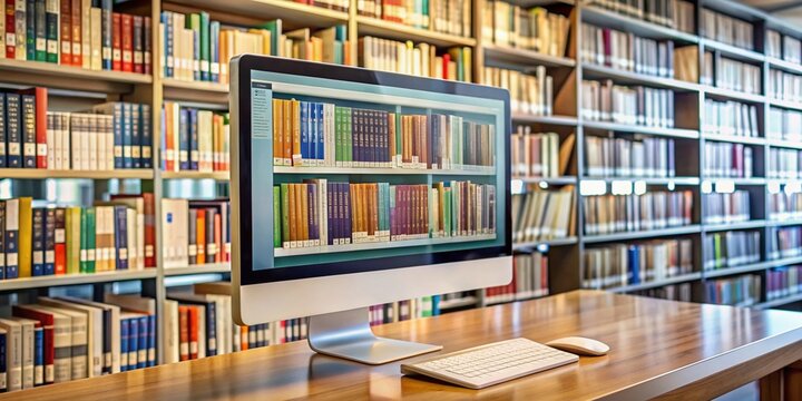 A modern library computer screen displays a digital bookmarking tool, meticulously organizing important research articles, symbolizing knowledge organization and academic thoroughness.