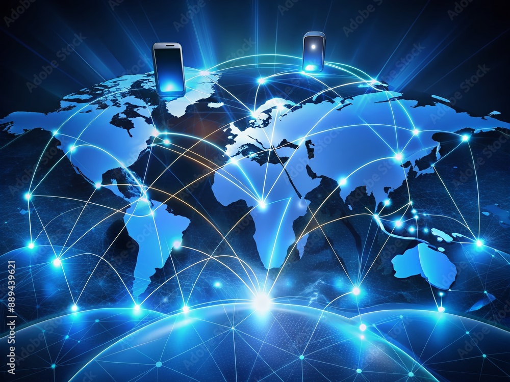 Poster global network connections and data exchange illustrated by glowing blue lines and dots on a futuris