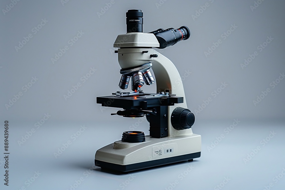 Poster microscope with a slide clean flat background bright studio lighting highlighting the precision and 