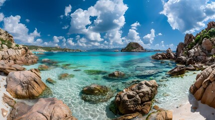 Beautiful coastline with turquoise water, sand and rocks