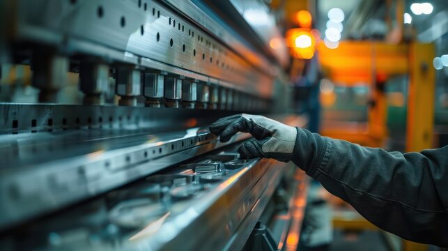 Flat Sheet Hydraulic Metal Bending Machine A worker is bending metal sheets on a hydraulic machine.