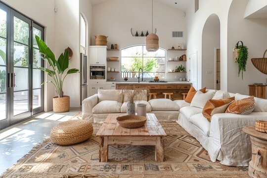 Boho, farmhouse home interior design of modern living room, Generative AI
