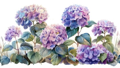 Obraz premium A hydrangea bush, large flower clusters, soft pastel, isolated on white background