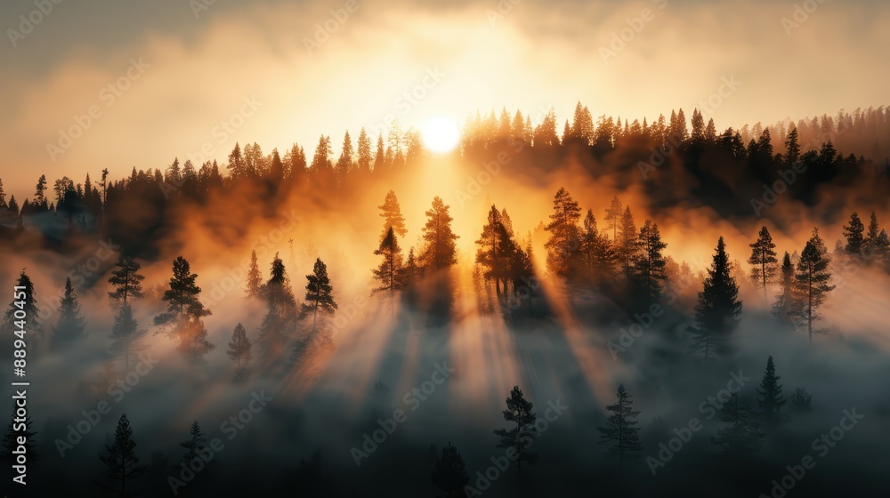 Poster an enchanting scene where the sun's rays pierce through the dense cluster of pine trees, casting a m